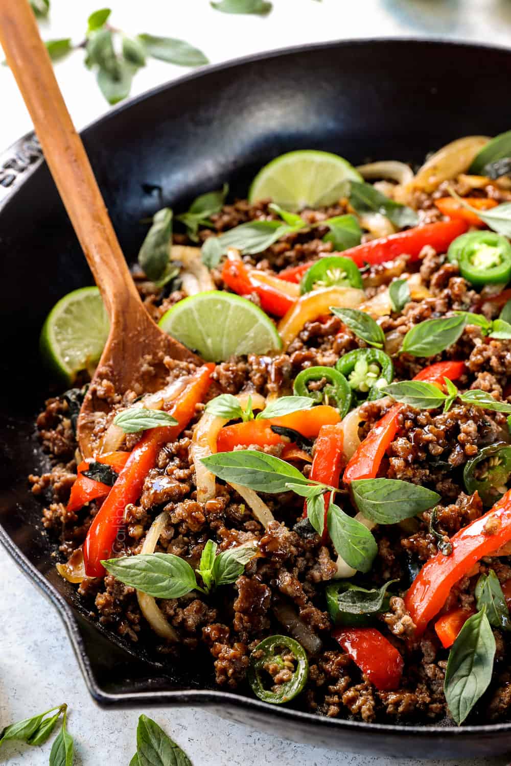 up close of stir frying Thai Basil Beef (pad krapow) with ground beef