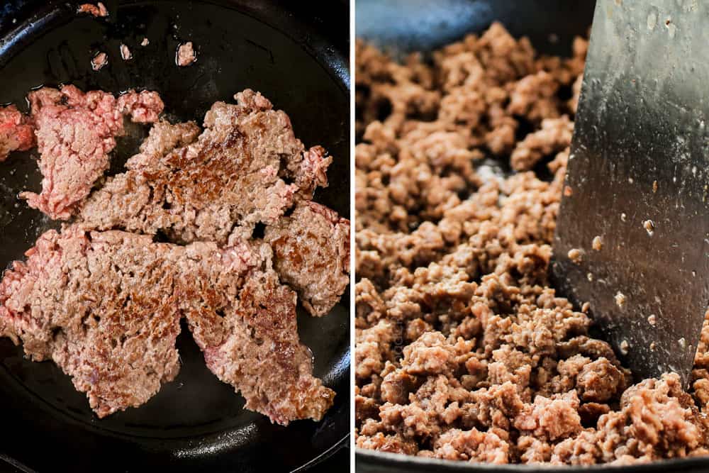a collage showing how to make Thai Basil Beef (pad krapow) by browning beef in a skillet then crumbling into pieces