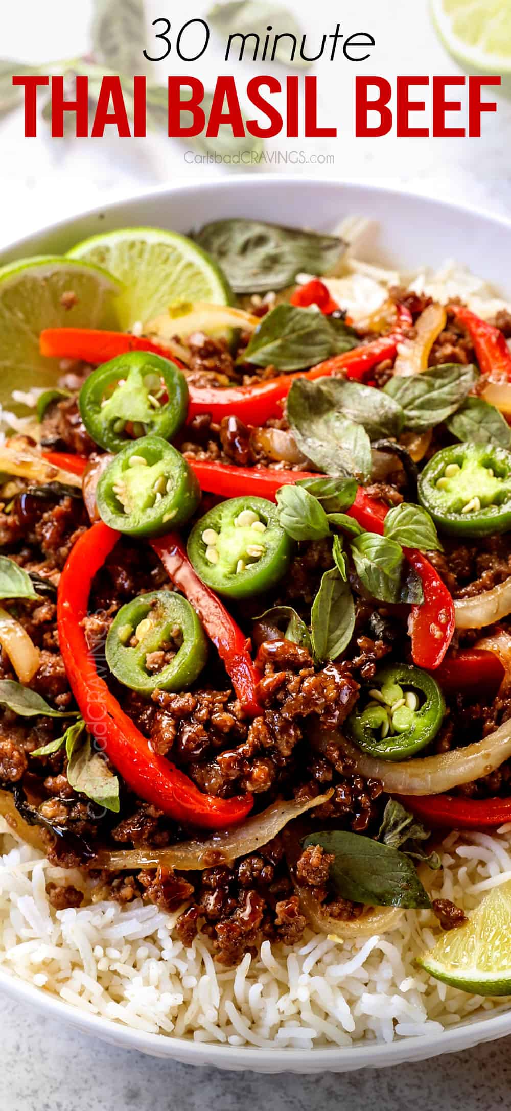 up close of Thai Basil Beef (Pad Gra Prow) with ground beef, Thai basil, chilies and red bell peppers served over rice