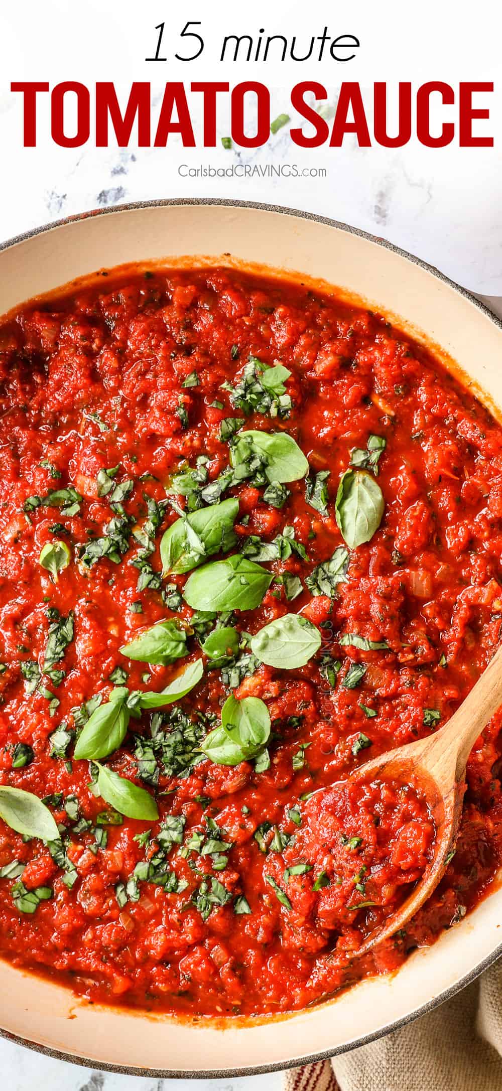 top view of tomato sauce recipe garnished by basil