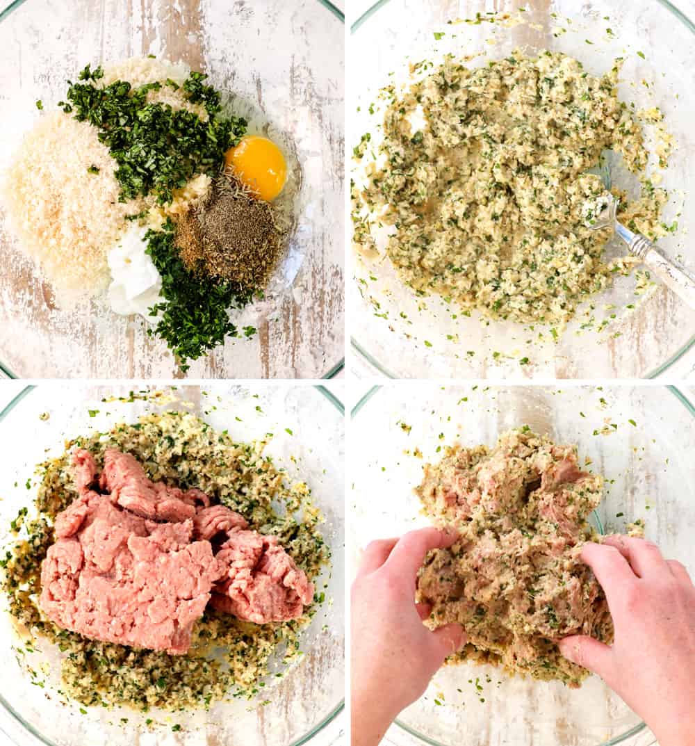 a collage showing how to make turkey meatballs by 1) adding egg, panko, onions, breadcrumbs and herbs to a bowl, 2) mixing until combined, 3) adding turkey, 4) gently mixing with hands