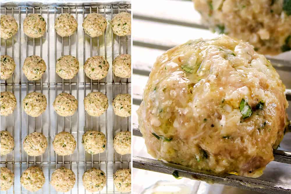 showing how to make turkey meatballs by rolling and lining on a baking sheet