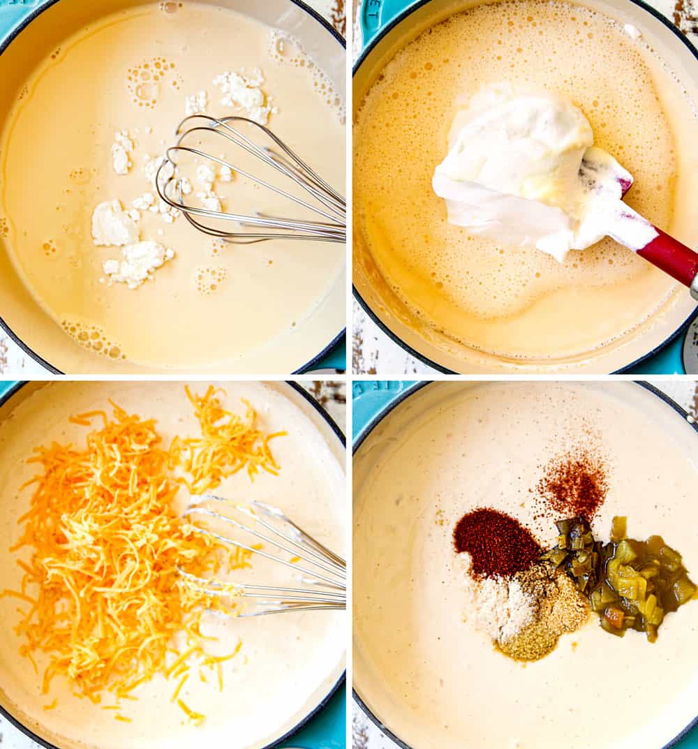 a four picture collage showing how to make nacho cheese for nachos by 1) whisking evaporated milk with cornstarch in a sauce pan, 2) adding sour cream, 3) adding shredded cheddar, 4) adding green chilies, pickled jalapenos and chili powder