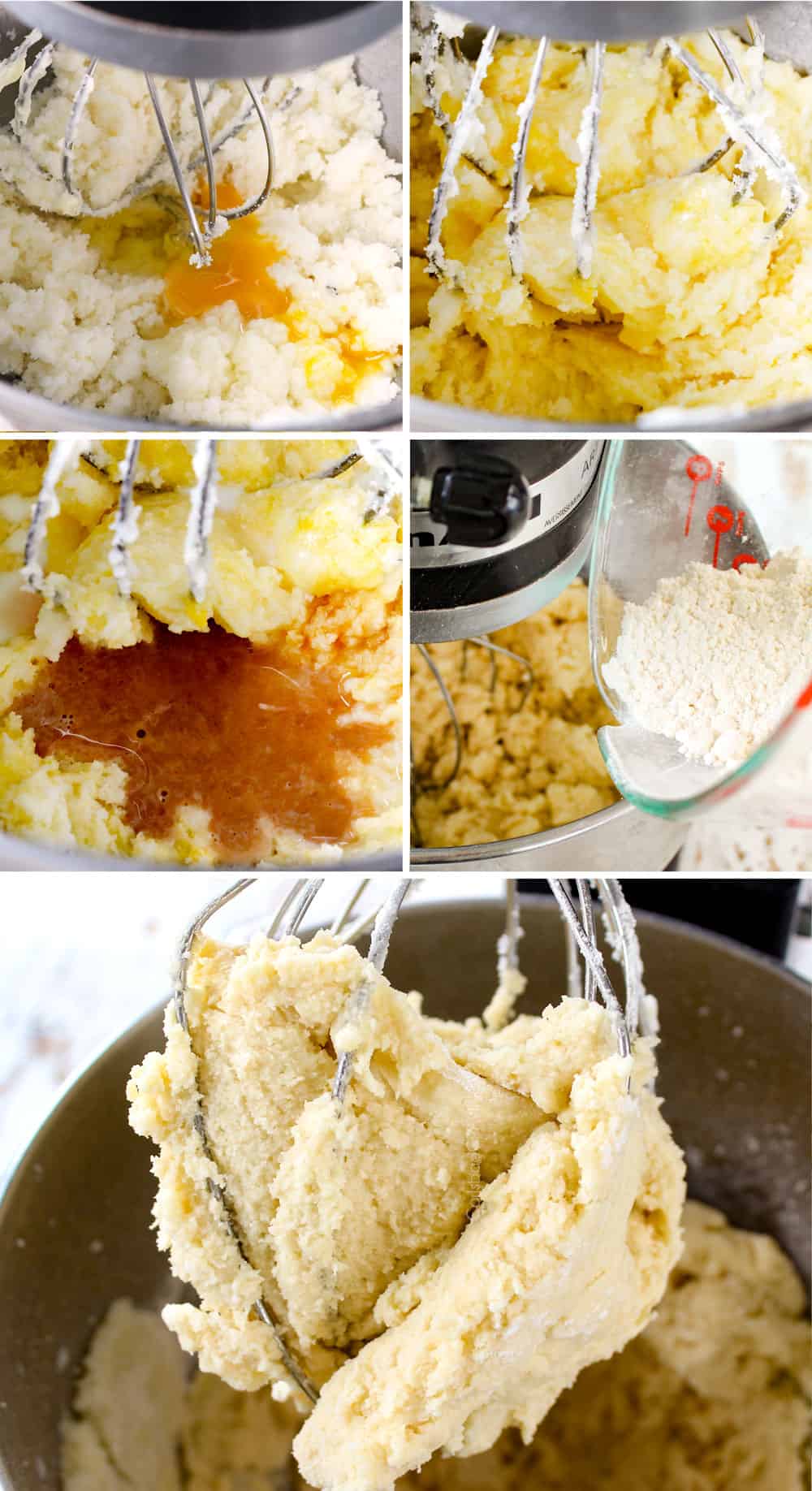 a collage showing how to make Ooey Gooey Butter Cake recipe by mixing in the egg, milk and vanilla, followed by the flour until well combined in a stand mixer