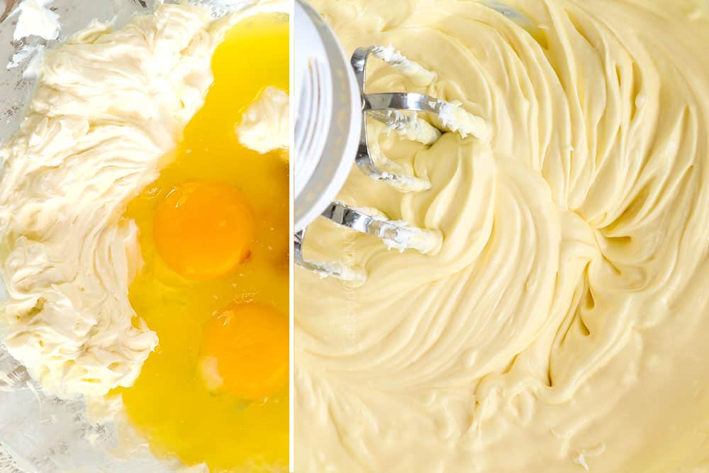 a collage showing how to make Ooey Gooey Butter Cake recipe by adding eggs, butter and vanilla to the cream cheese and beating until smooth
