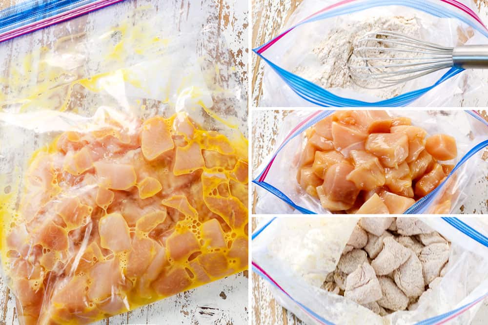 a collage showing how to make apricot chicken recipe by adding chicken and eggs to a bag, then whisking flour and seasonings together in a separate bag then tossing the chicken with the flour breading in the bag