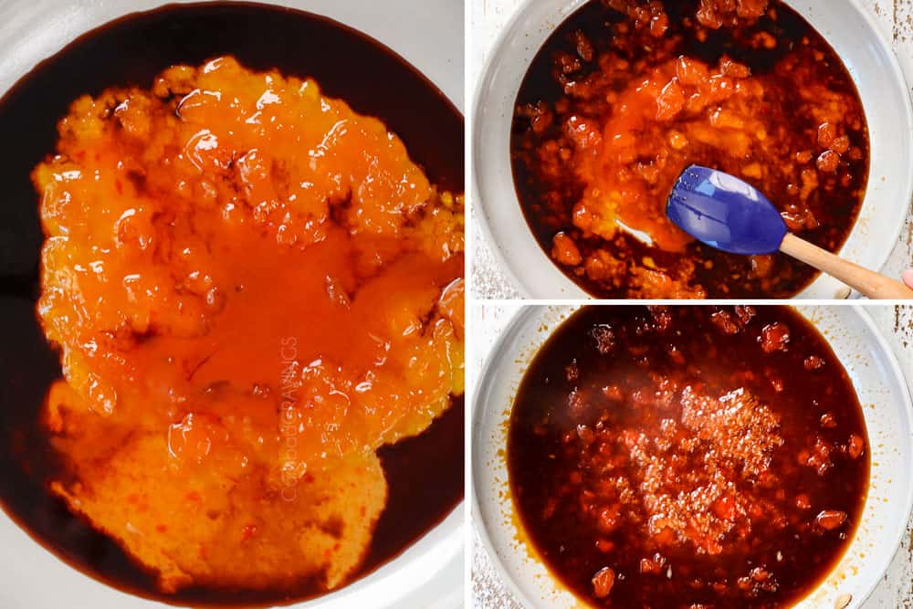a collage showing how to make apricot chicken recipe by adding apricot preserves, soy sauce, balsamic vinegar to a nonstick skillet then simmering until thick and sticky
