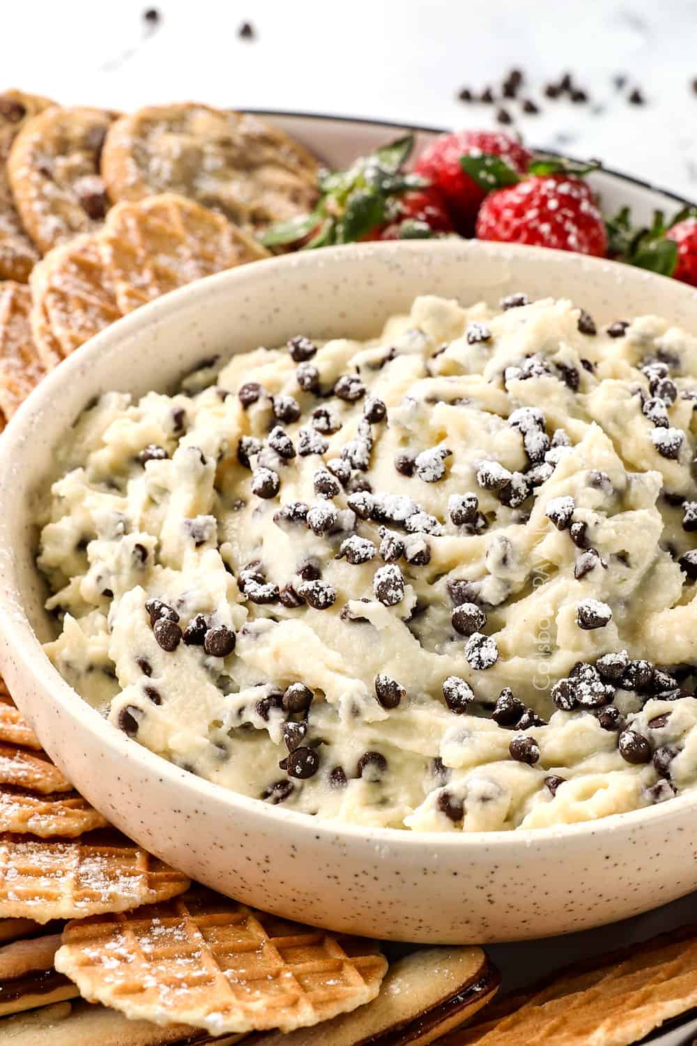 up close of cannoli dip recipe showing how creamy it is