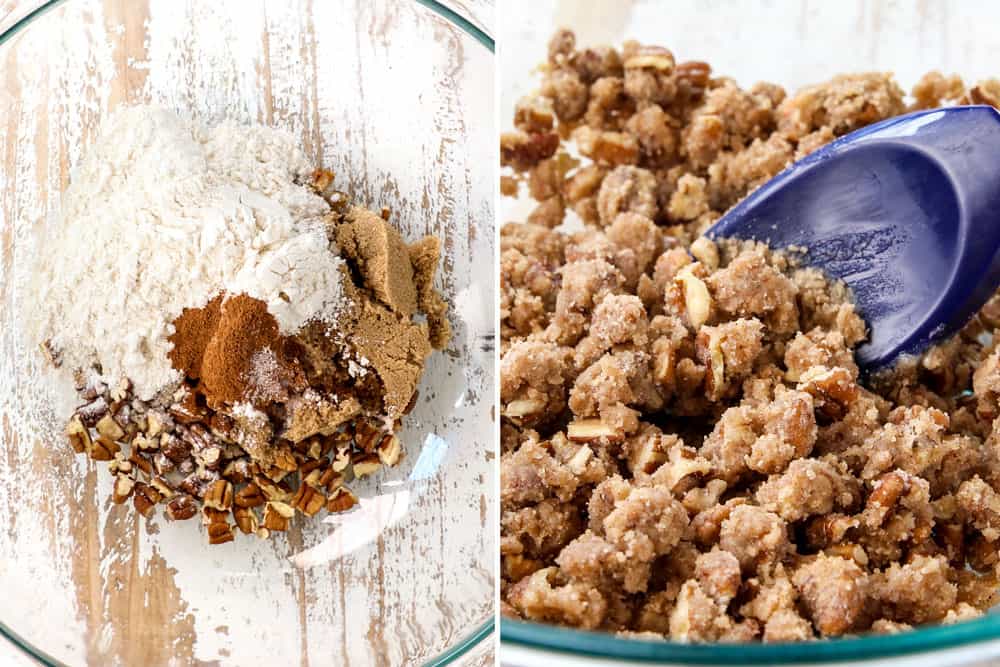 a collage showing how to make cinnamon roll casserole by adding flour, pecans and sugar to a bowl to make a streusel topping
