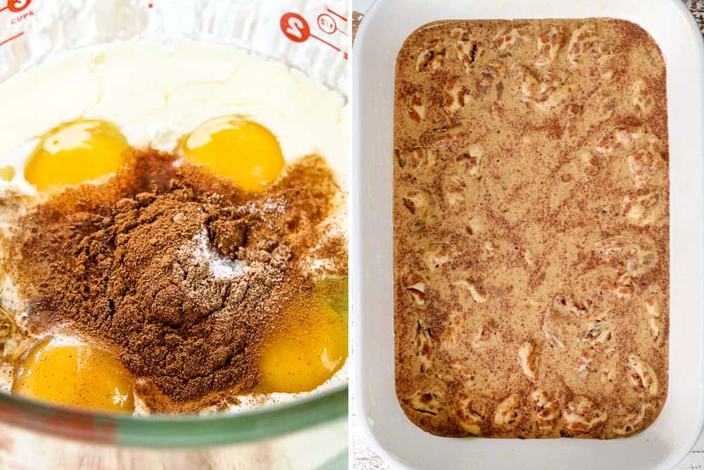 a collage showing how to make cinnamon roll casserole by adding eggs, cinnamon and half to a bowls to make egg custard then pour over cinnamon rolls 