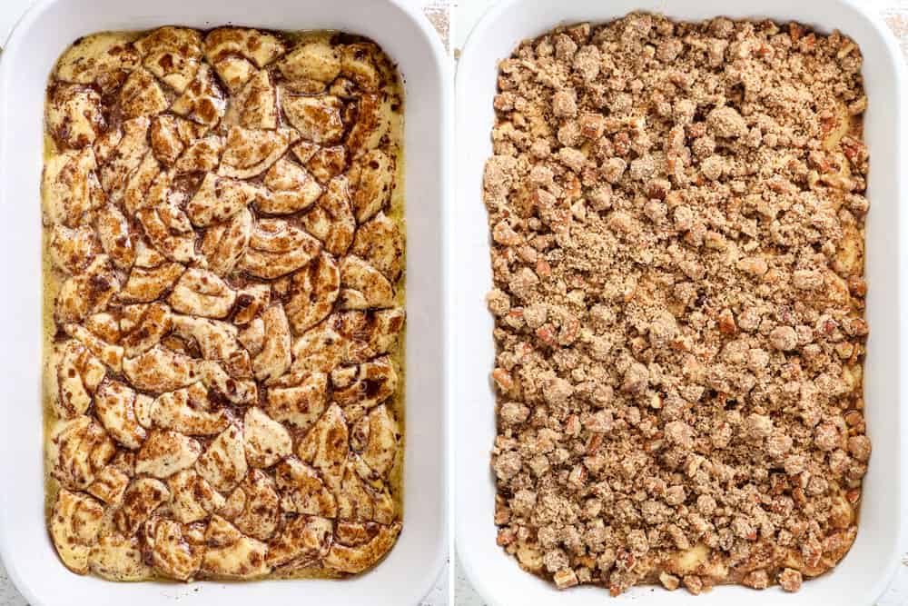 a collage showing how to make cinnamon roll casserole recipe by baking for 10 minutes then adding the streusel 