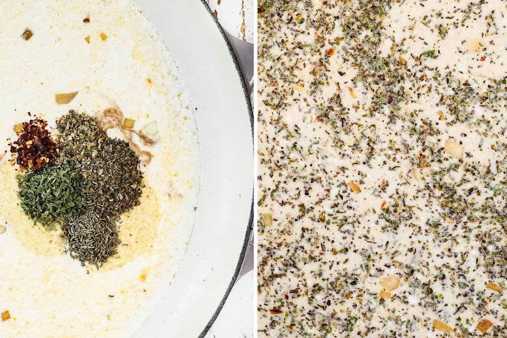 a collage showing how to make garlic chicken recipe by adding seasonings, chicken broth and half and half to pan to make creamy Parmesan sauce