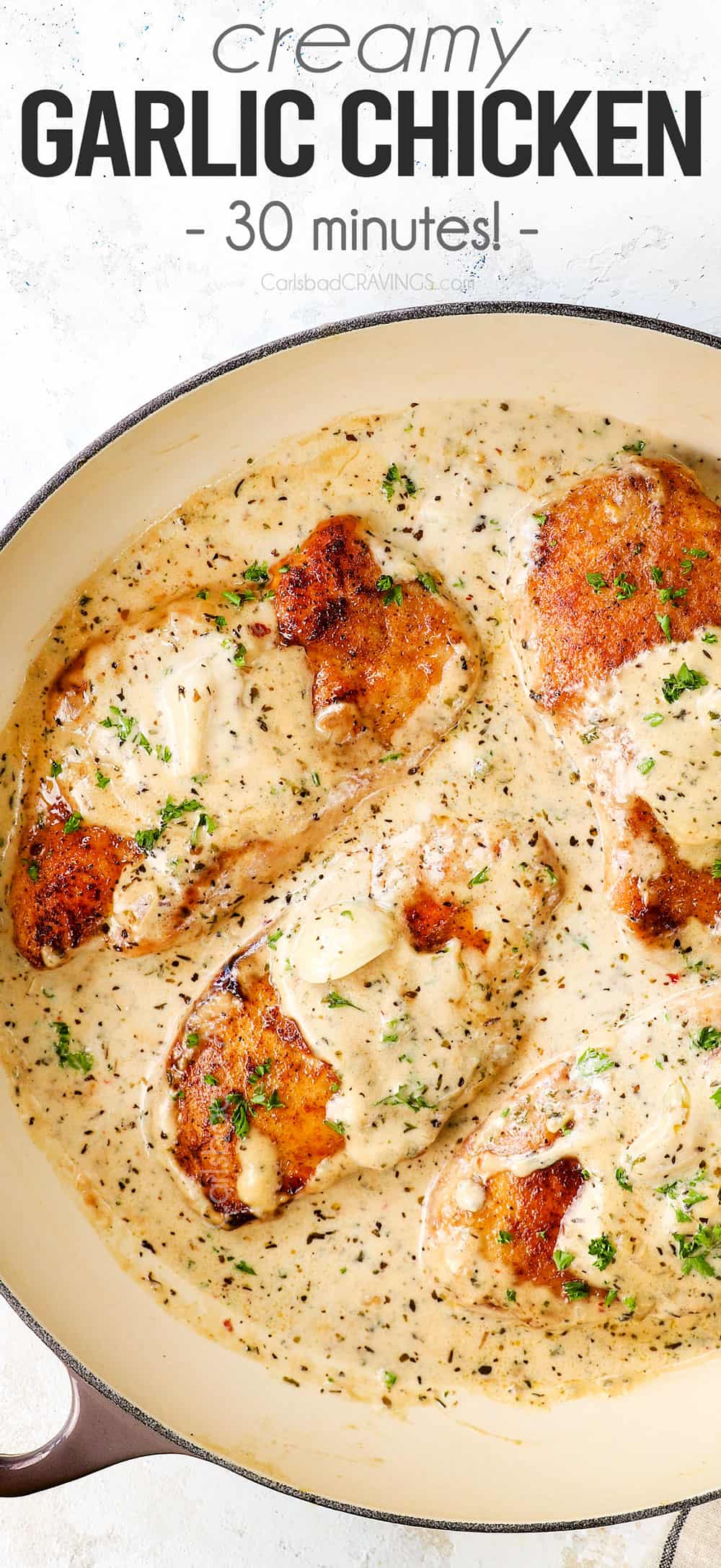 creamy garlic parmesan chicken in a skillet with Parmesan sauce garnished with parsley