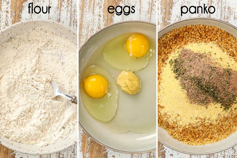 a collage showing how to make fish sticks recipe by setting up breading stations:  flour and spices, eggs with lemon juice and panko breadcrumbs with cornmeal and spices