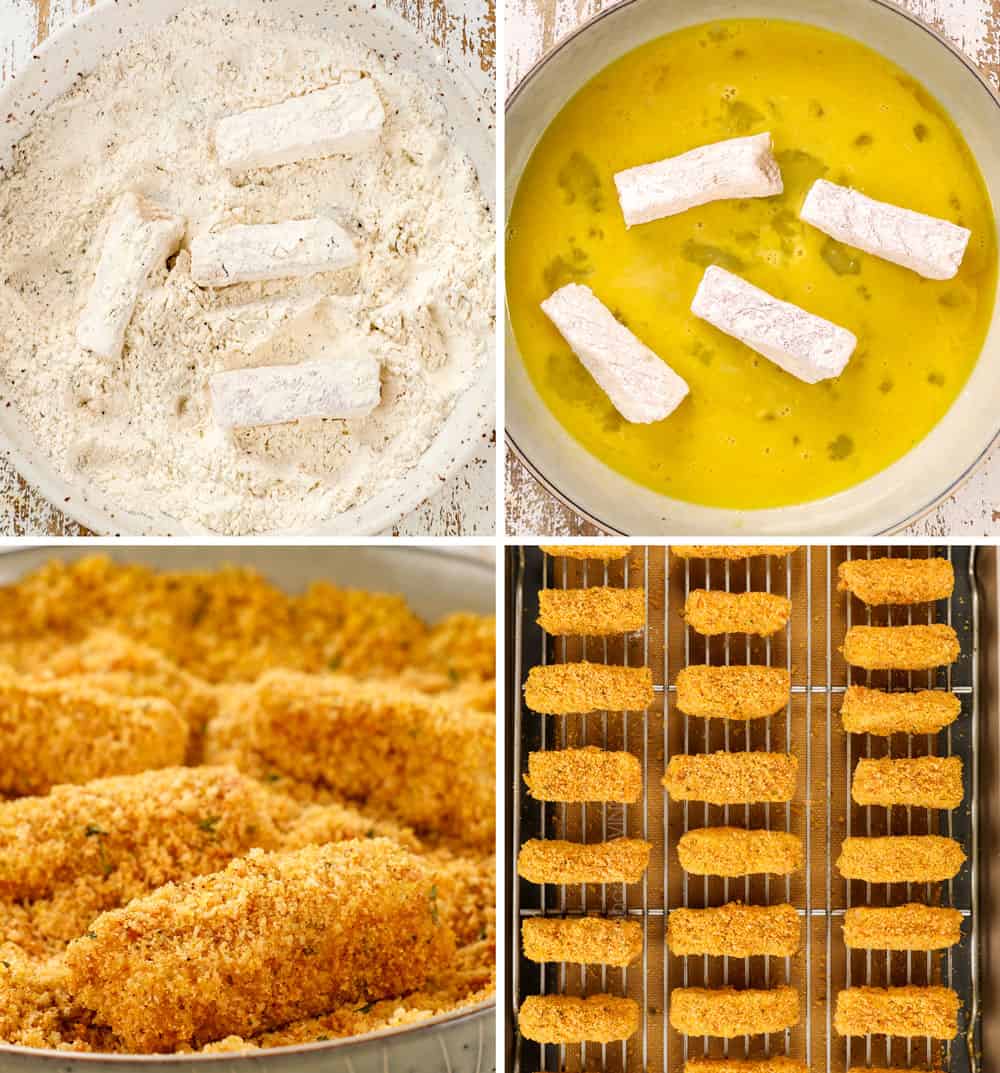 a collage showing how to make fish sticks by dredging fish in flour, then egg, then panko then placing on a baking rack on a baking sheet