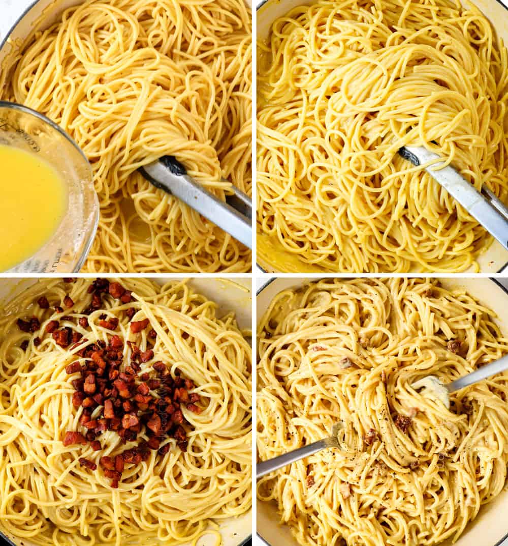 a collage showing how to make carbonara recipe by adding tempered eggs and cheese to spaghetti, tossing the spaghetti until the sauce thickens, adding the pork and tossing in the pork