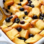 up close of Overnight Blueberry French Toast Casserole showing how soft and fluffy the bread is