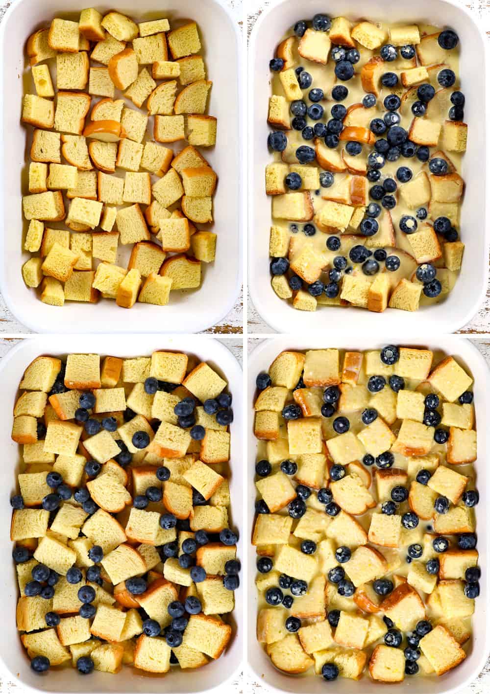 a collage showing how to make blueberry French toast casserole by adding bread cubes to 9x13 baking dish, adding blueberries, then adding custard then repeating the layers a second time