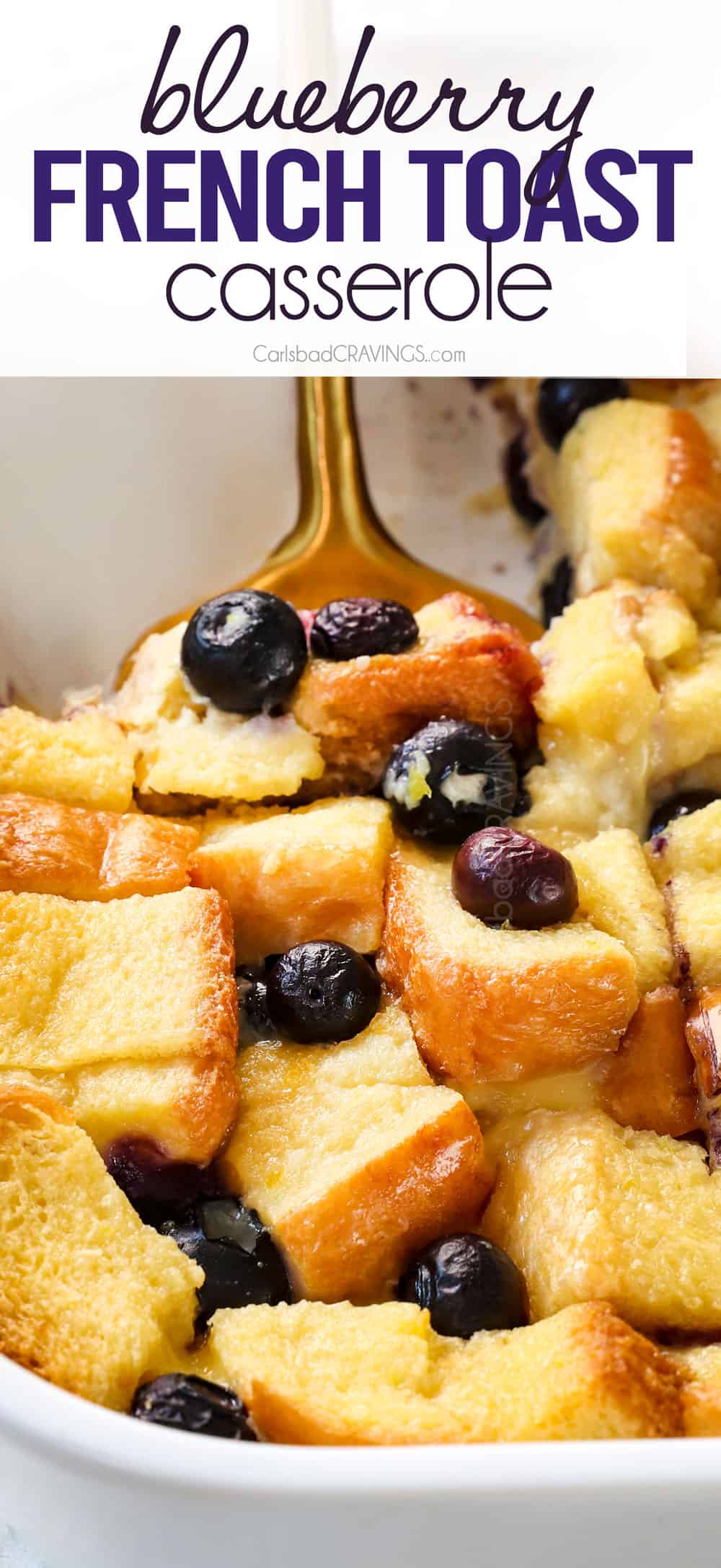 up close of a serving Blueberry French Toast Casserole 