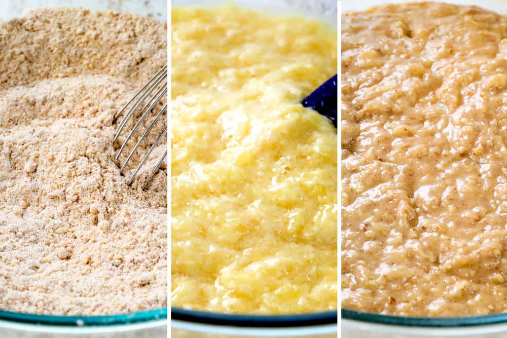 a collage showing how to make carrot cake cupcakes by whisking dry ingredients together, whisking wet ingredients together then combining all the ingredients together