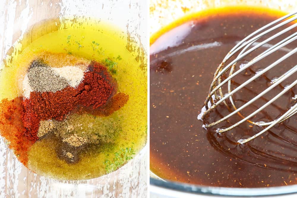 a collage showing how to make Hasselback Chicken by whisking together chili lime rub ingredients in a bowl of olive oil, chili powder, lime juice, lime zest, cumin, garlic powder and paprika