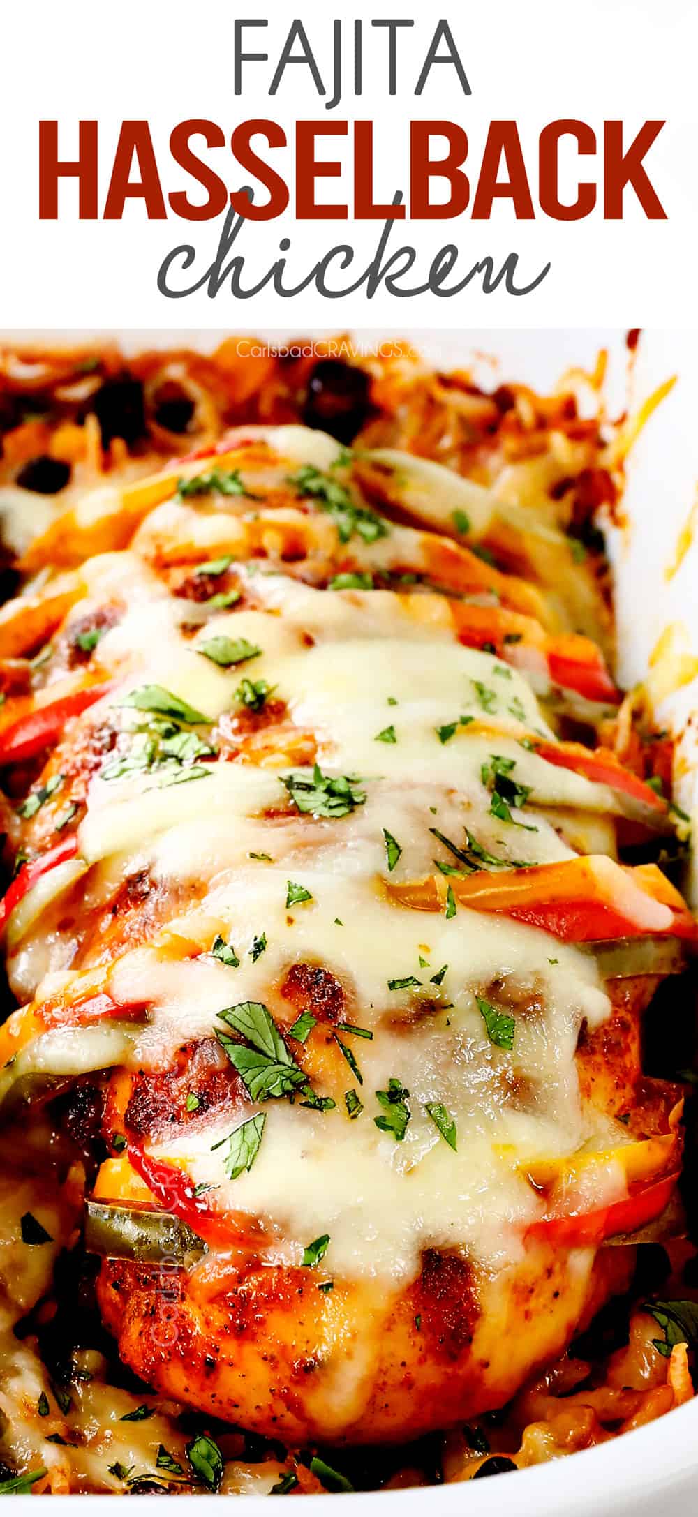 up close of Hasselback chicken with fajita bell peppers, onions and cheese