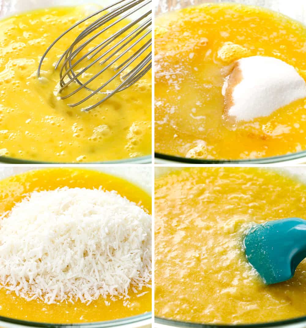 a collage showing how to make coconut pie recipe by 1) whisking eggs in a bowl, 2) adding butter, eggs and sugar, 3) adding coconut, 4) storing it all together 