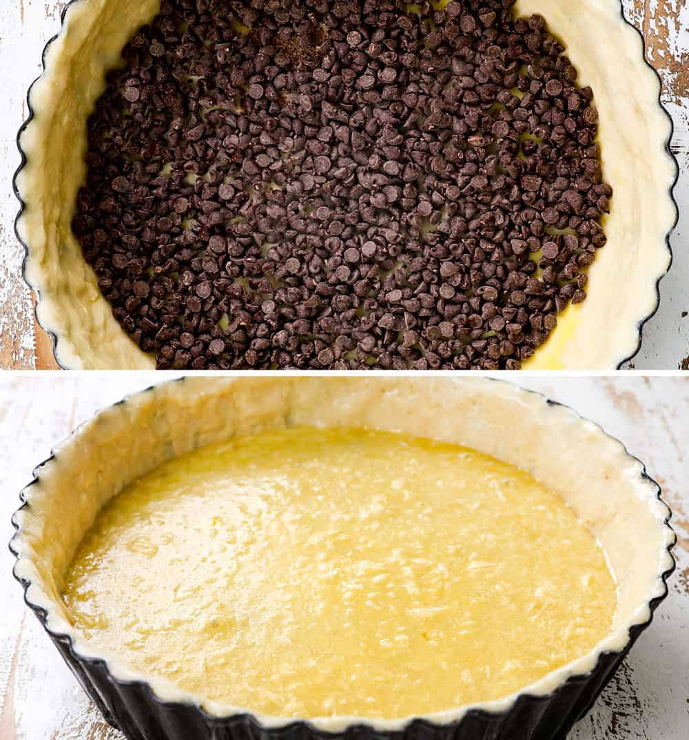 a collage showing how to make coconut pie recipe by adding chocolate chips and then custard into the pie