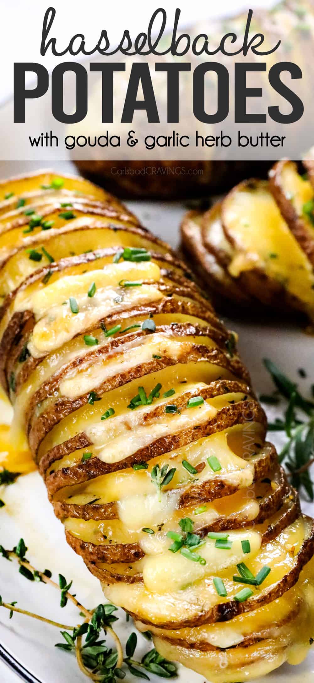 up close of a Hasselback potato cut into thin slices then stuffed with melted cheese