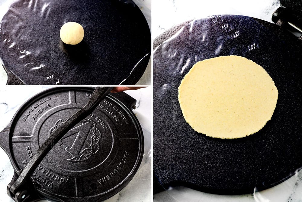 a collage showing how to make homemade corn tortillas recipe by adding the ball to a tortilla press, pressing the dough then removing tortilla from plastic