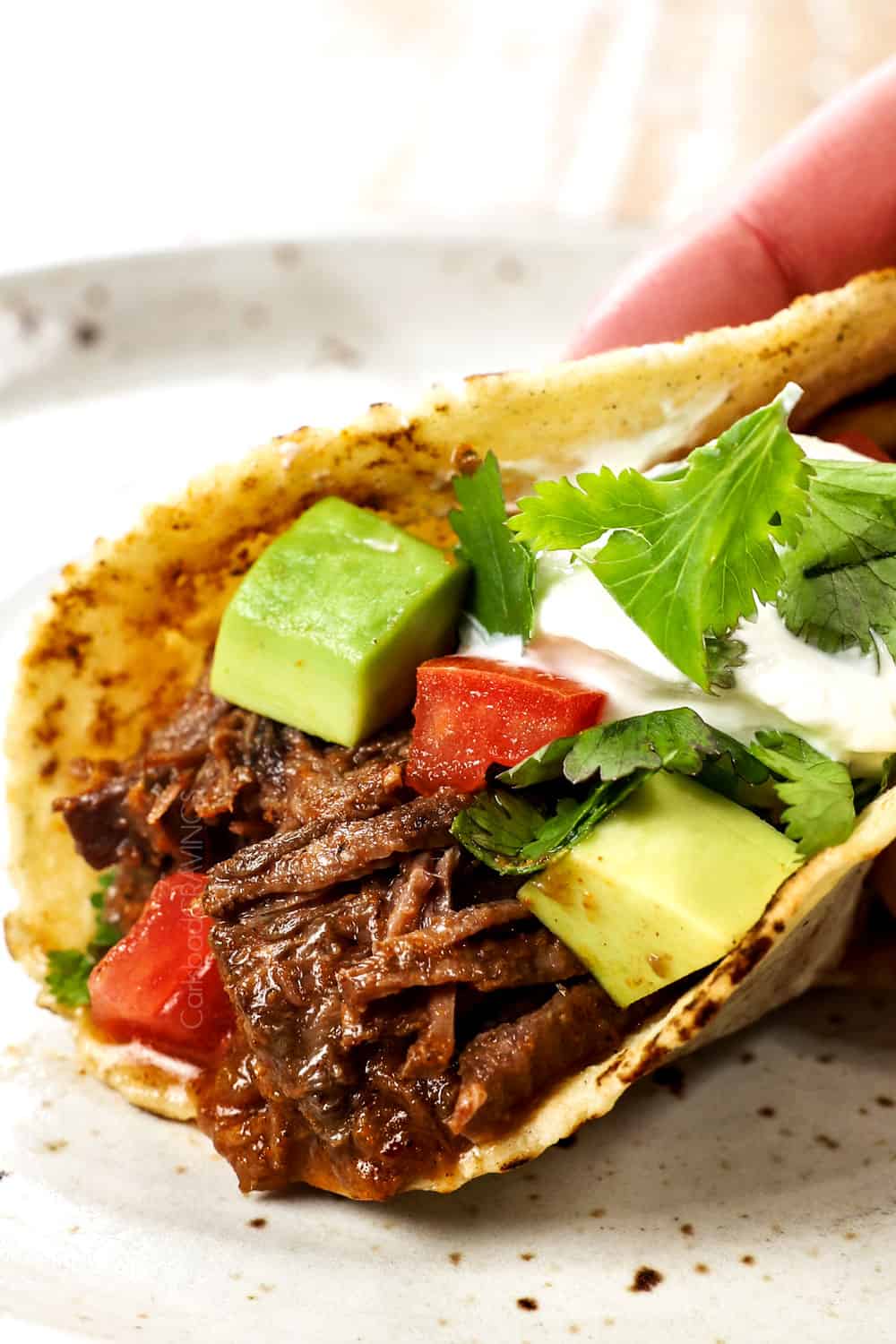 showing what to make with corn tortillas by stuffing with shredded beef, avocados, tomatoes and sour cream to make a taco