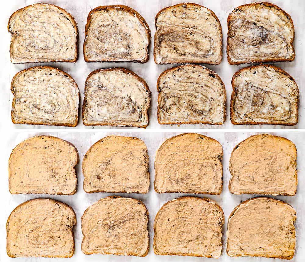 a collage showing how to make Reuben sandwich recipe by buttering one side of each slice of bread then spreading Russian dressing on the other side of each slice of bread