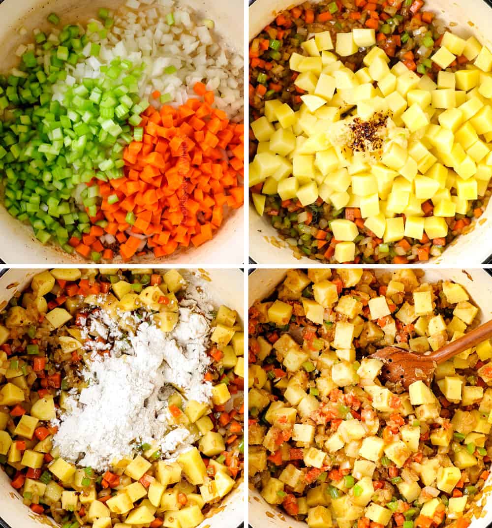 a collage showing how to make fish chowder recipe with salmon by 2) sautéing onions, carrots and celery, 2) adding chopped carrots and garlic, 3) adding flour, 4) then cooking flour