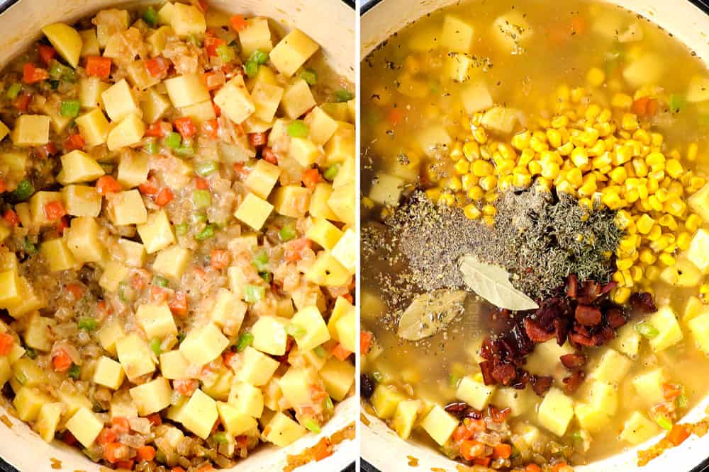 a collage showing how to make fish chowder recipe with salmon by 1) deglazing the Dutch oven with the vegetables with clam juice and 2) adding corn, chicken broth, bay leaves and all seasonings