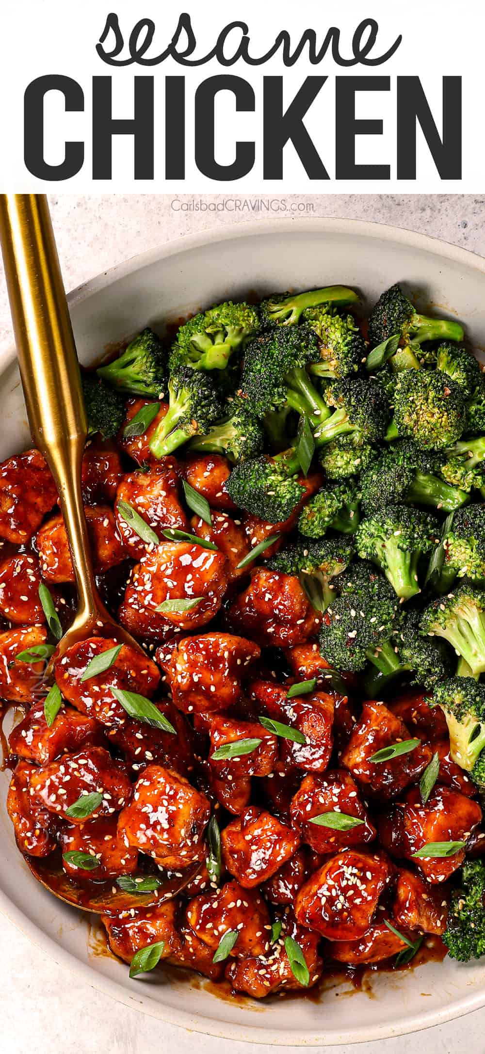 top view of sesame chicken recipe in a skillet with stir fried broccoli