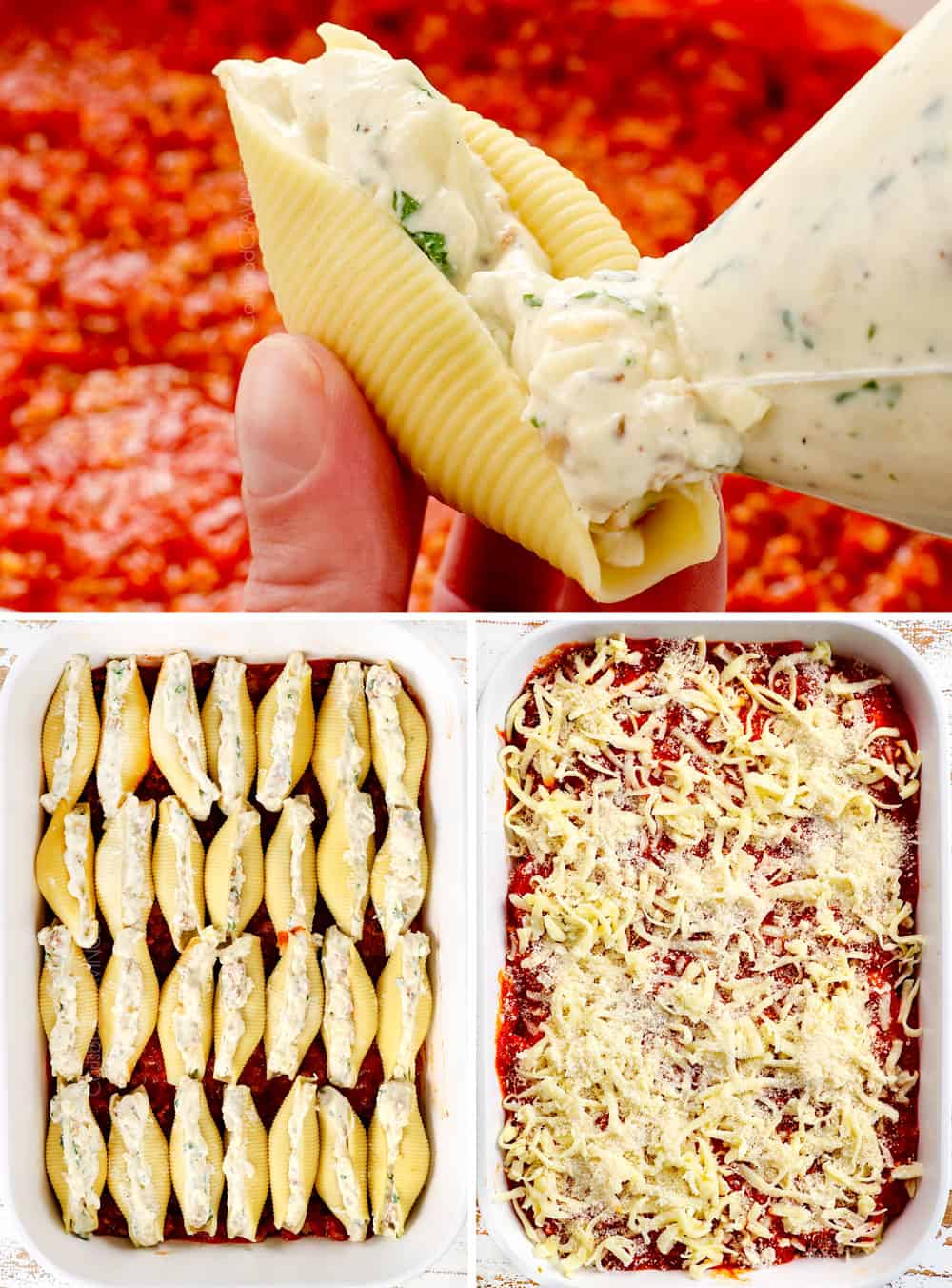 a collage showing how to make stuffed shells recipe by 1) iping ricotta, meat filling into the jumbo pasta shell, 2) line meat stuffed shells in a baking dish, 3) cover the stuffed shells with marinara and mozzarella cheese