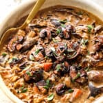 a bowl of creamy mushroom soup with wild rice and mushrooms
