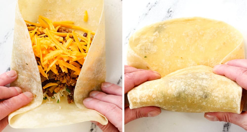 a collage showing how to make beef burrito recipe by folding the tortilla over the burrito filling then rolling up the burrito