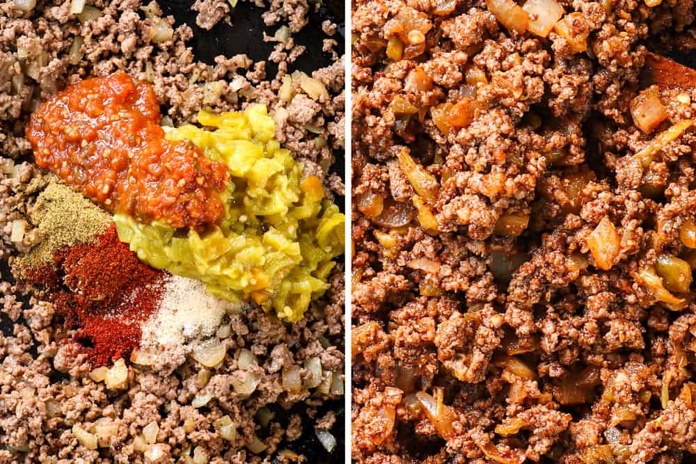a collage showing how to make beef burrito recipe by browning ground beef then adding salsa, taco seasoning and green chilies