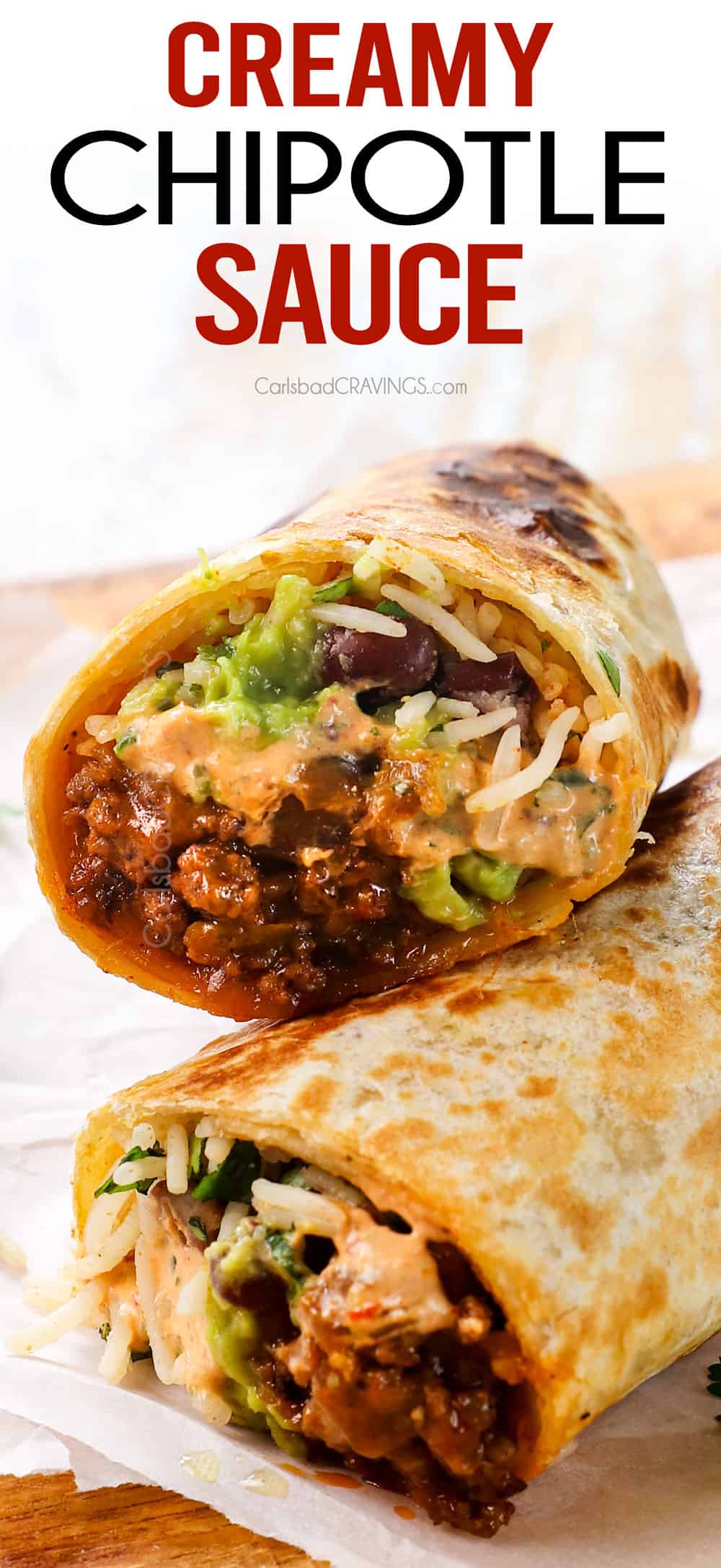 showing how to serve Chipotle Sauce recipe by adding to a burrito