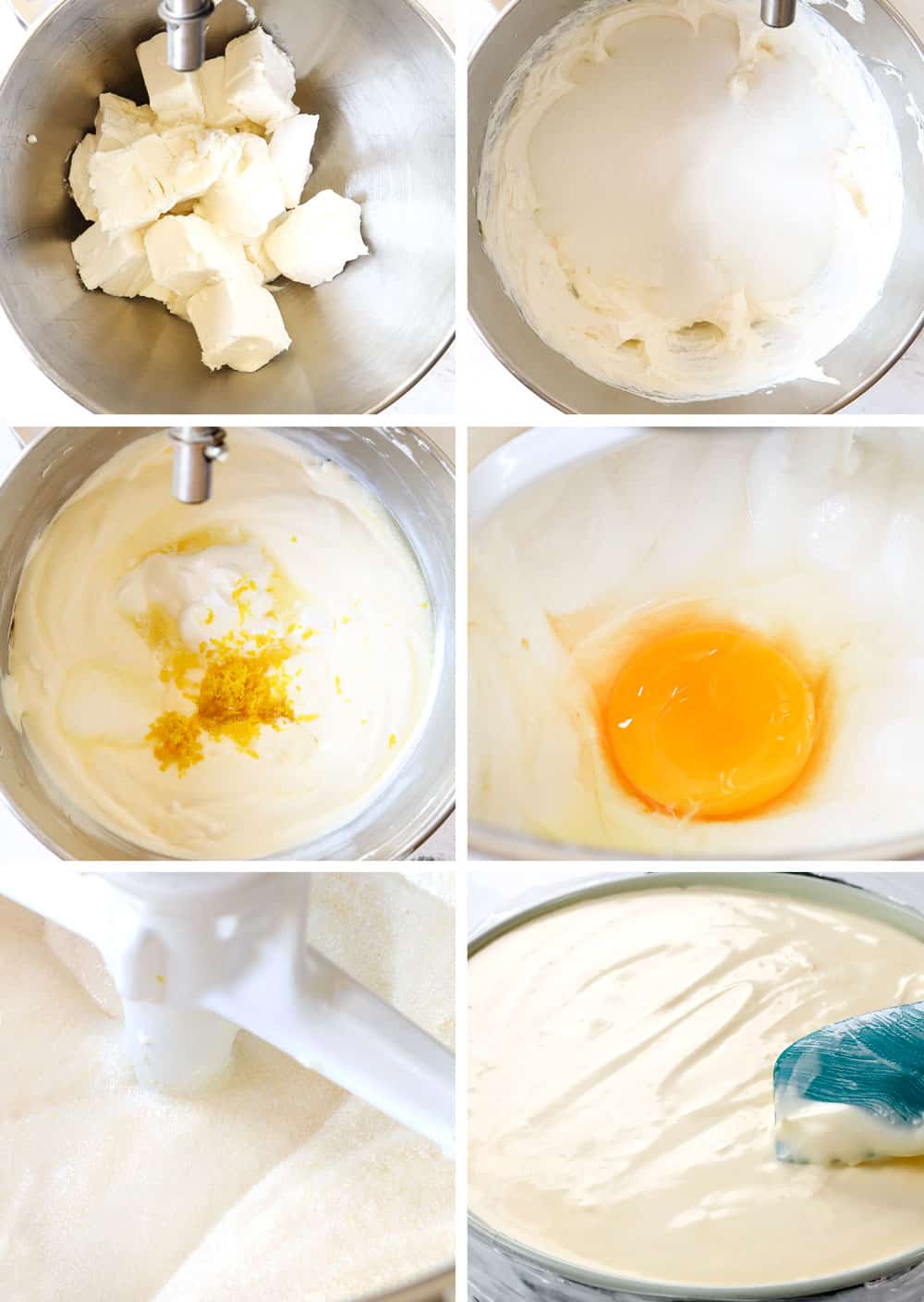 a collage showing how to make lemon cheesecake recipe by 1) beating cream cheese until creamy, 2) adding sugar and beating until smooth, 3) adding lemon zest and sour cream, 4) adding eggs, 5) beating until creamy, 6) adding cheesecake to springform pan