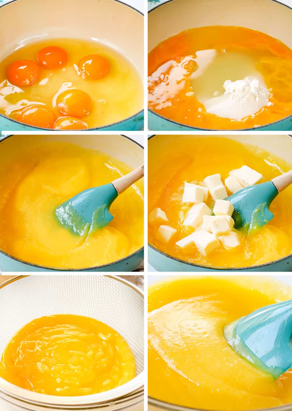 a collage showing how to make lemon cheesecake by making lemon curd by 1) adding eggs, 2) adding lemon juice, sugar and lemon zest, cooking until thickened, adding butter, straining through a fine mesh sieve