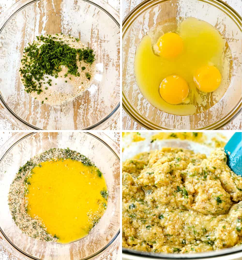 a collage showing how to make matzo balls for matzo ball soup by mixing matzo meal with spices, baking powder, then adding eggs, schmaltz, chicken broth together