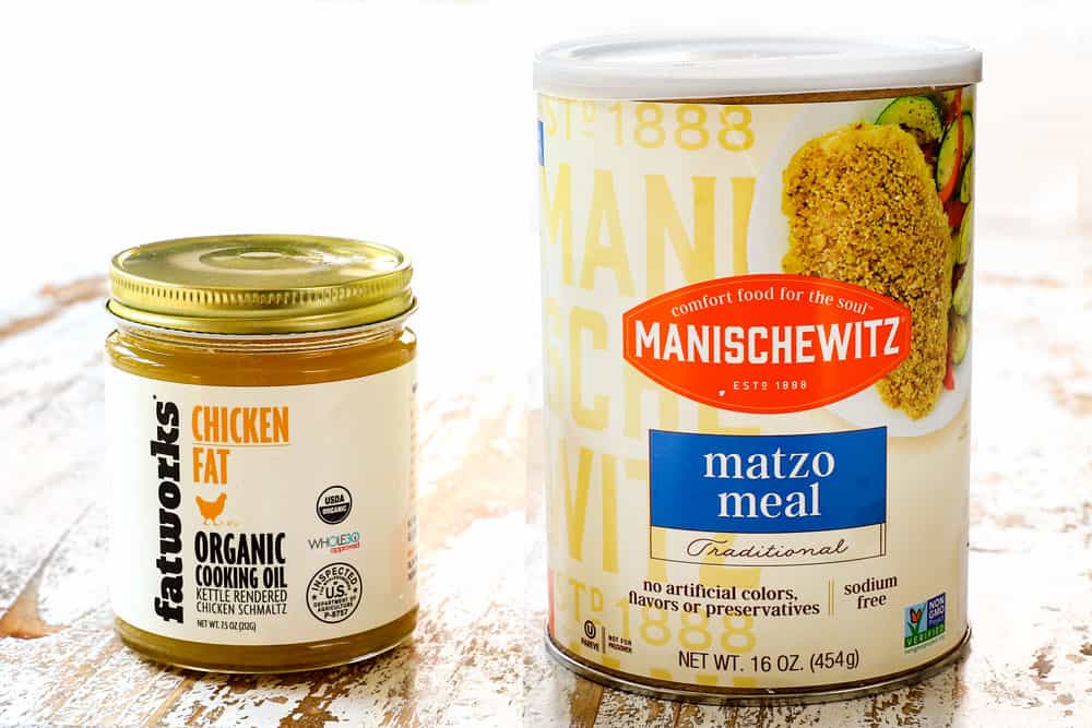 showing how to make matzo ball soup recipe by showing what schmaltz and matzo meal are
