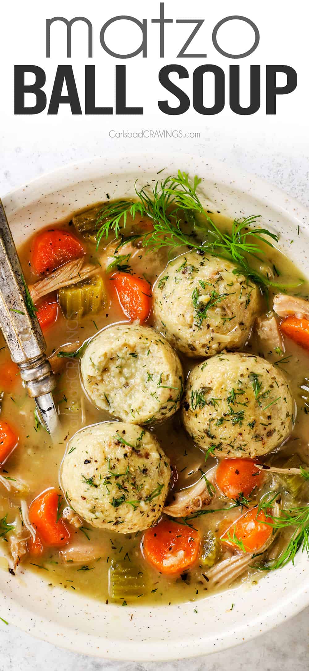 top view of matzo ball soup in a bowl with chicken, carrots and celery
