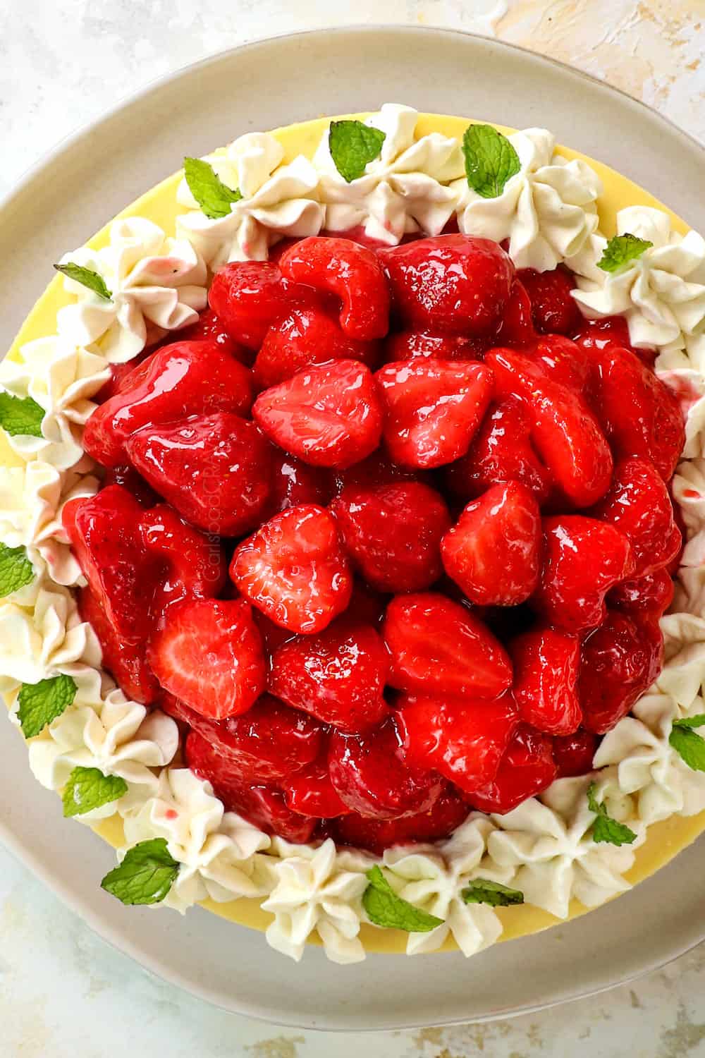 top view of strawberry cheesecake recipe with strawberry topping