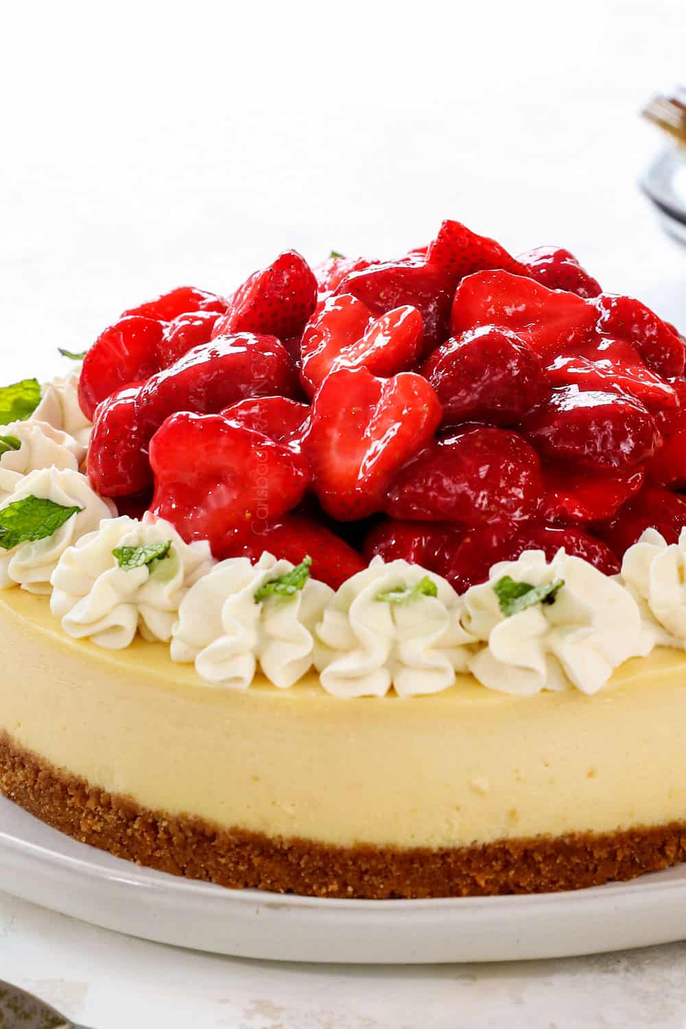 front view of easy strawberry cheesecake 
