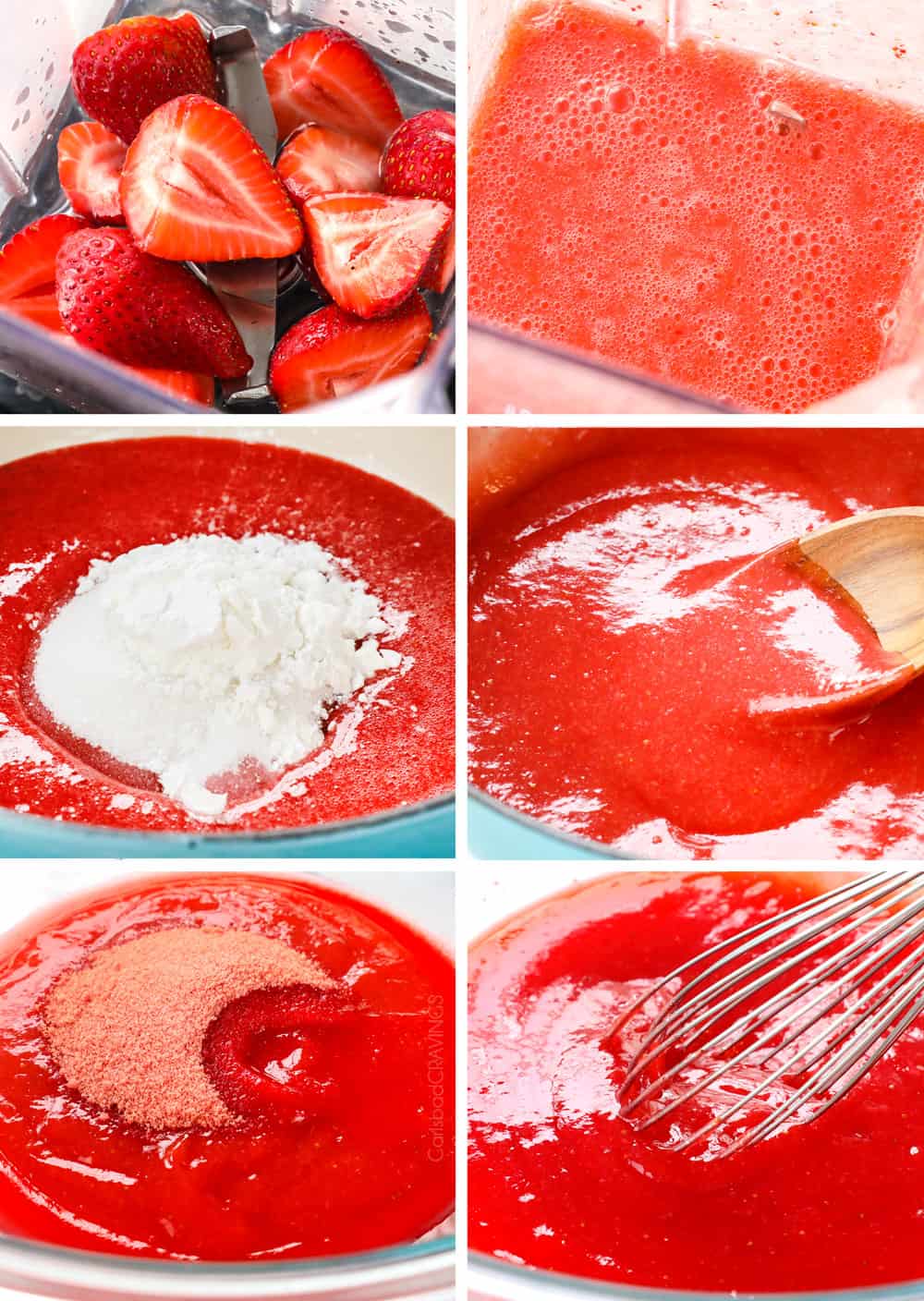 a collage showing how to make strawberry topping for cheesecake by 1) pureeing strawberries in a blender, adding puree to saucepan with sugar and cornstarch, simmering until thickened, adding to a bowl with strawberry Jell-0