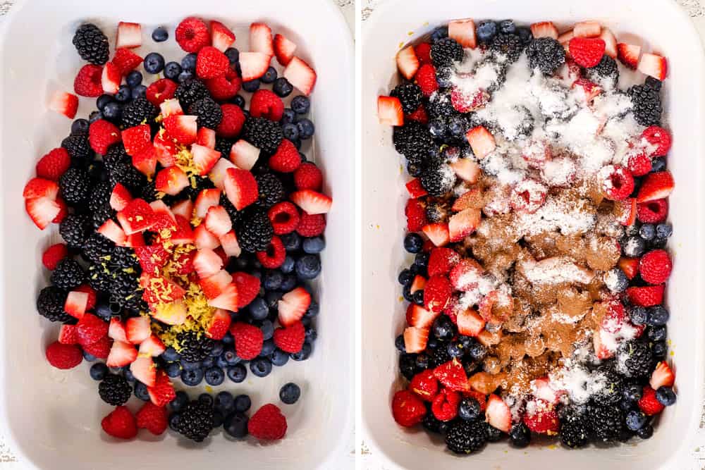 a collage showing how to make berry cobbler recipe by adding blueberries, blackberries, strawberries and raspberries to a baking dish then adding lemon juice, sugar and cornstarch