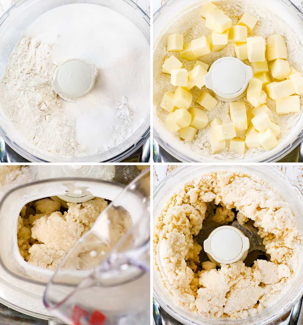 a collage showing how to make berry cobbler recipe by making biscuit topping by adding flour, sugar and baking powder to food processor, adding cubed butter, adding buttermilk and mixing until combined